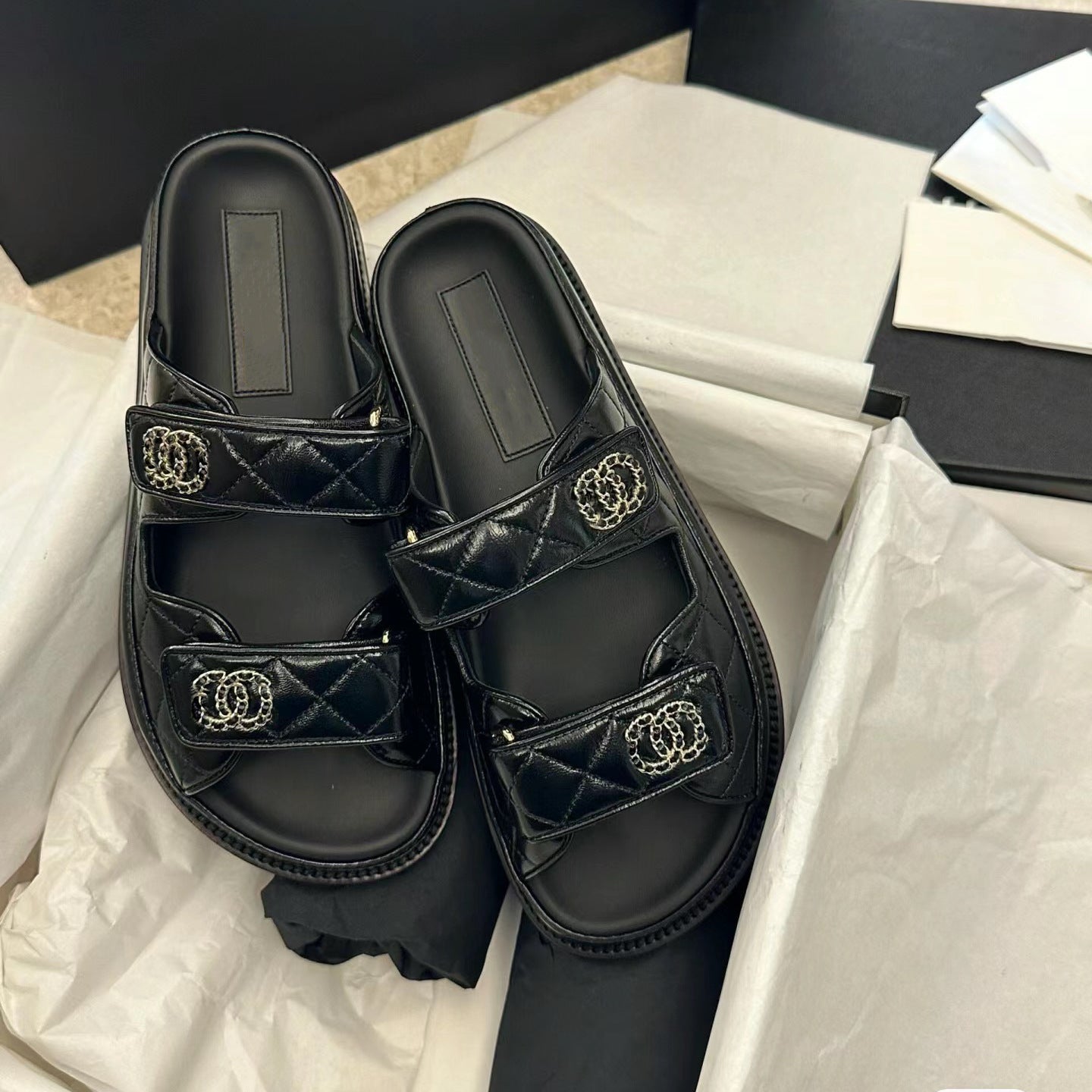 Chanel White Black Leather Sandal